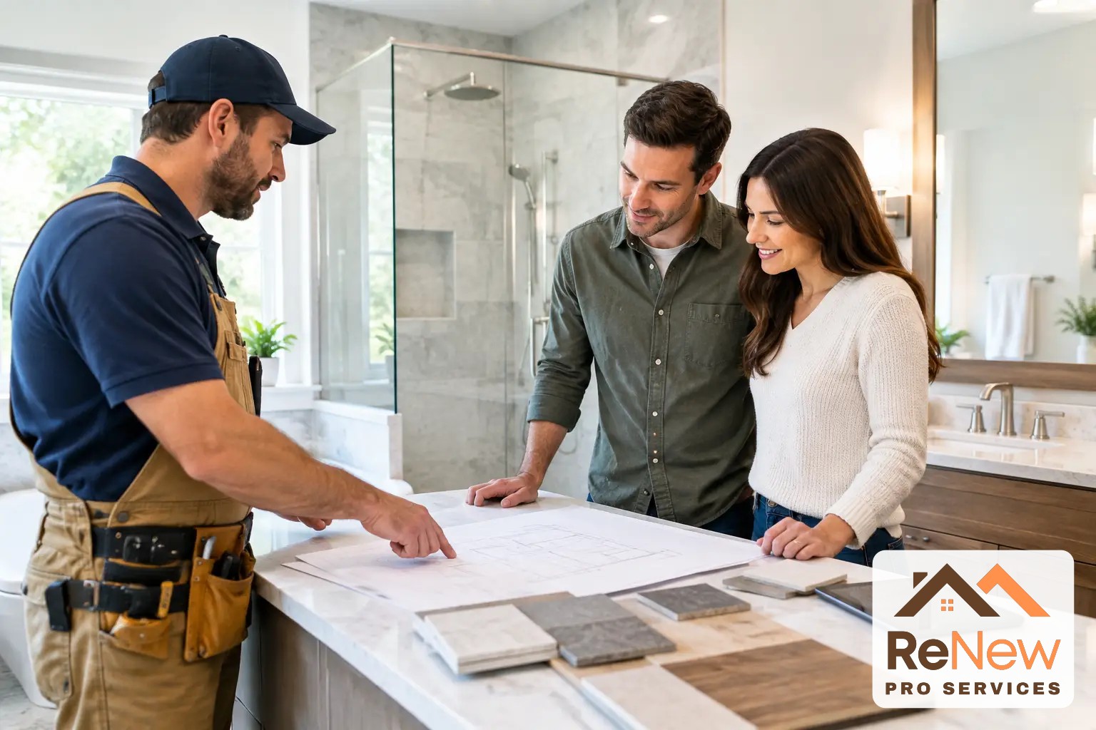 Contractor pointing at bathroom remodel plans and tile samples on a vanity counter while a couple looks on