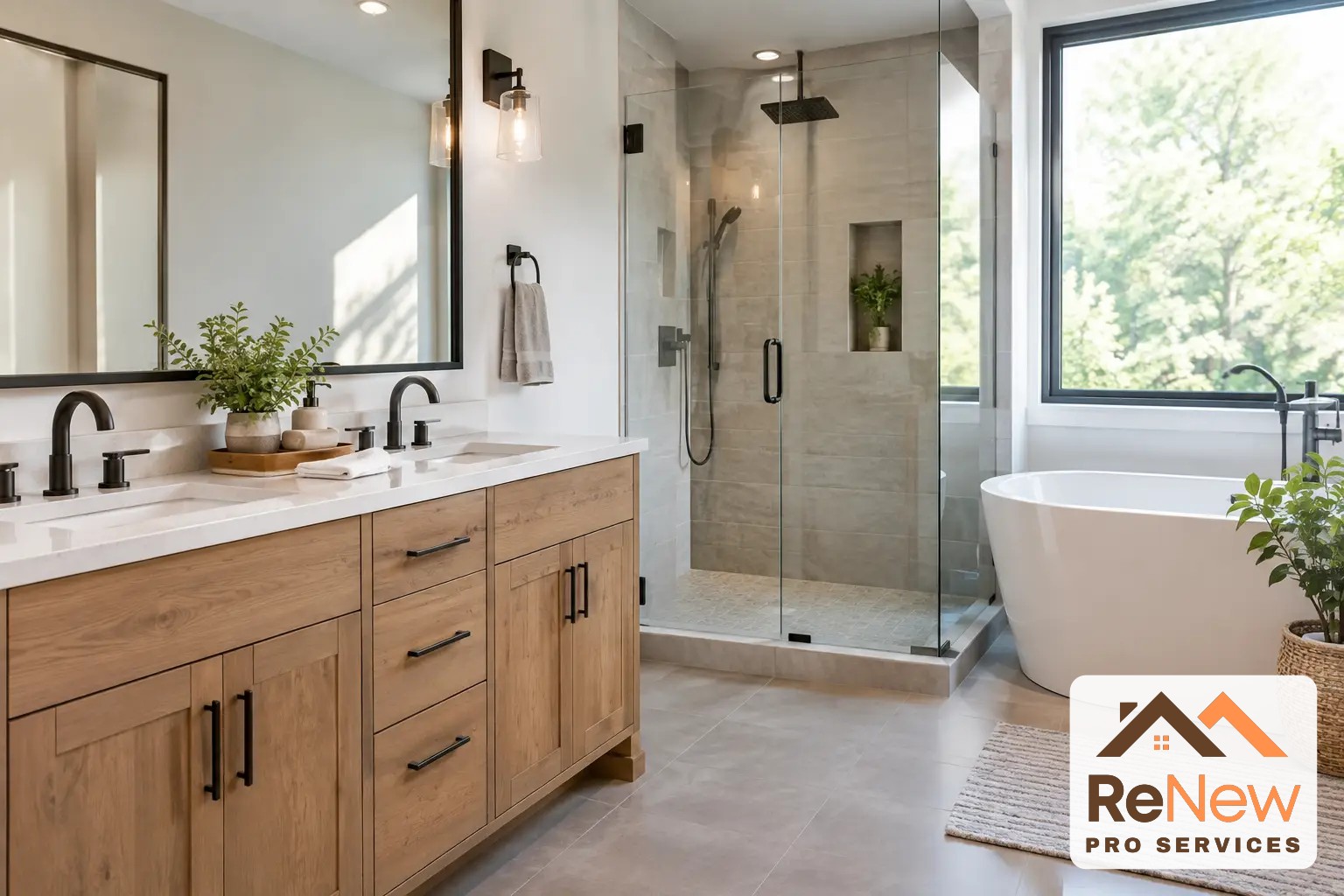 Remodeled bathroom with a double oak vanity, glass-enclosed tiled shower with niche, and freestanding tub by a large window