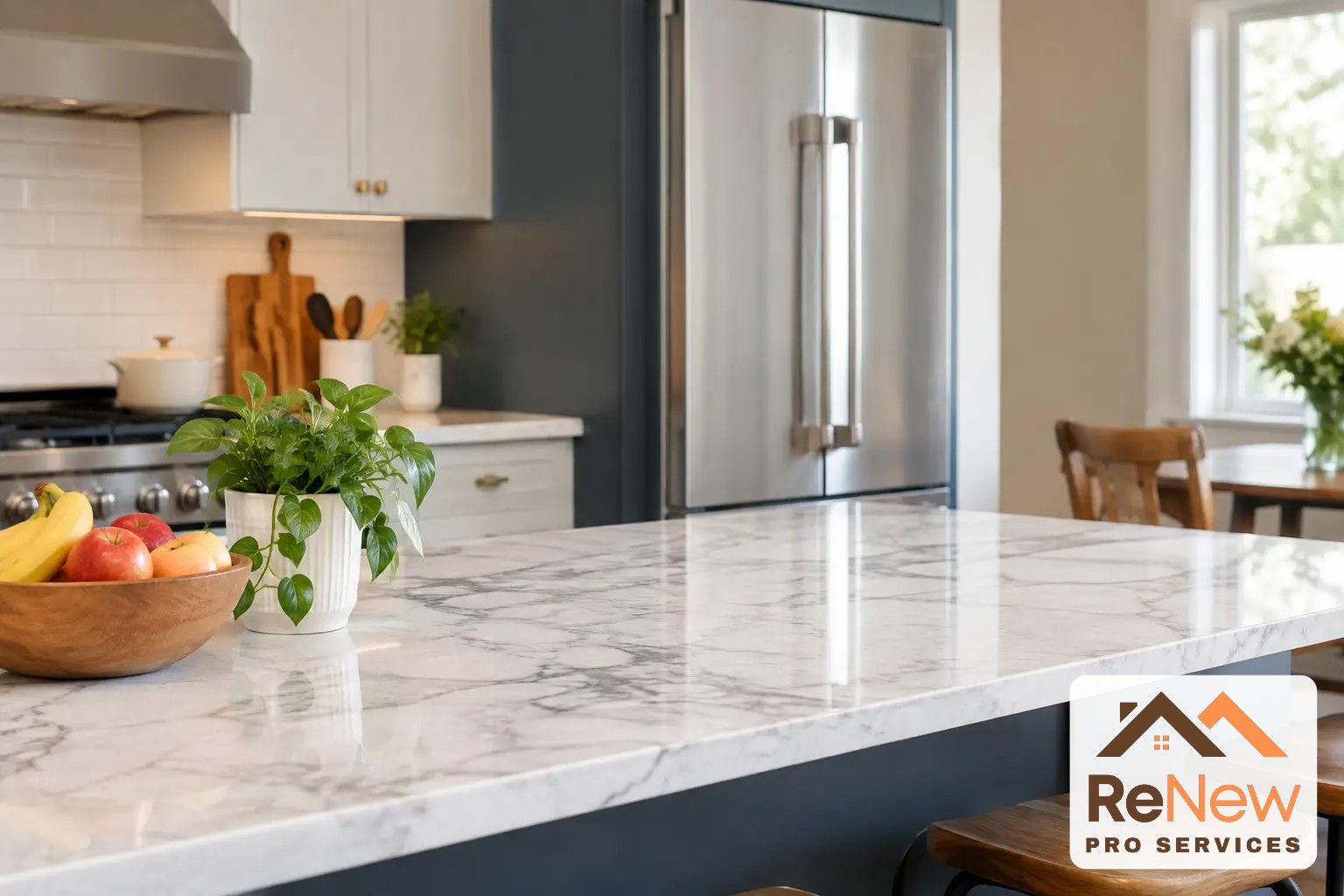 White marble-look quartz kitchen island with a bowl of fruit and a potted plant, with white cabinets and a stainless steel refrigerator behind it
