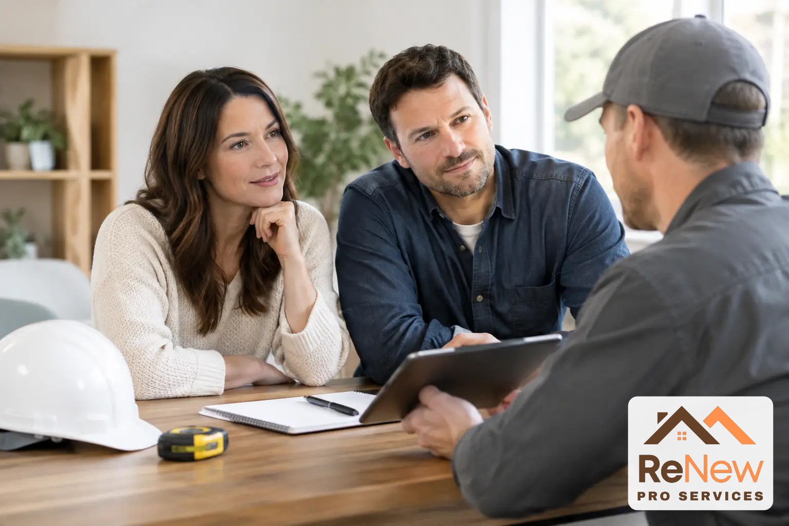 Homeowner couple at a wooden table listening to a contractor in a cap who holds a tablet, with a notebook, hard hat, and tape measure on the table