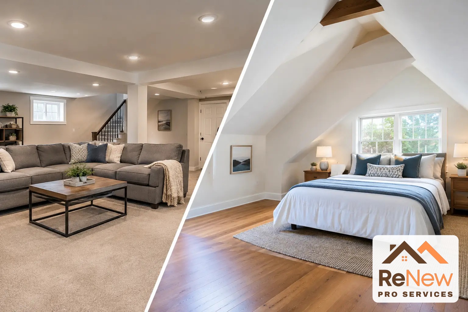 Split image of a finished basement family room with a gray sectional sofa and carpet beside a finished attic bedroom with a sloped ceiling, hardwood floor and a bed under a window