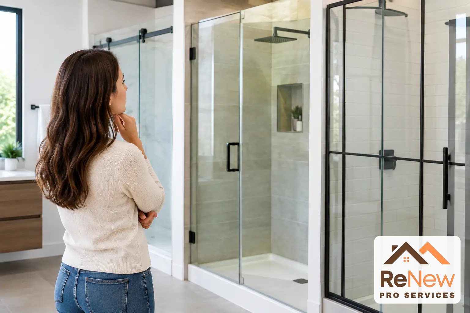 Woman standing in a bathroom showroom comparing several glass shower door displays with black hardware