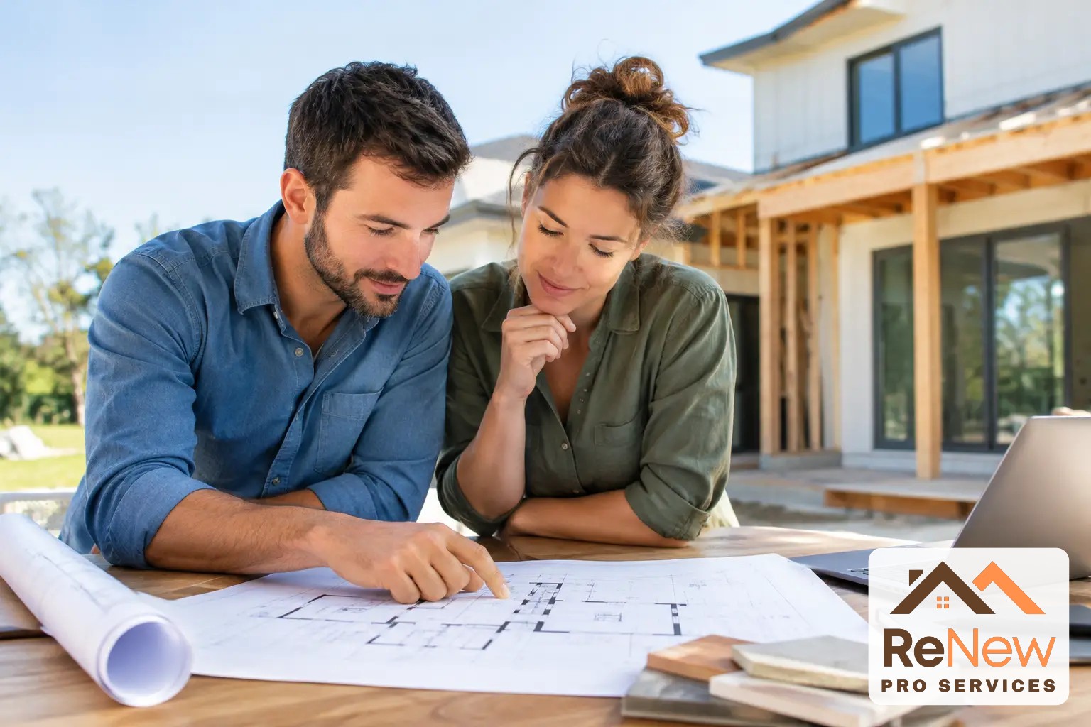 Couple reviewing floor plans at a wooden table outside a home addition under construction with exposed wood framing