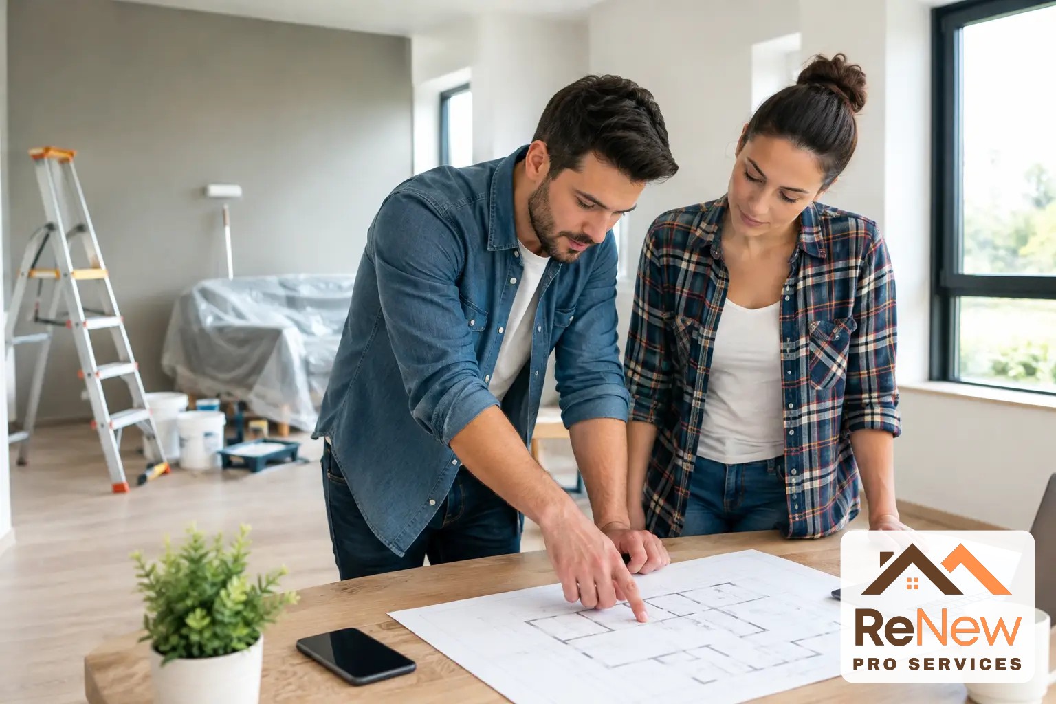 Couple reviewing renovation blueprints in a home under renovation