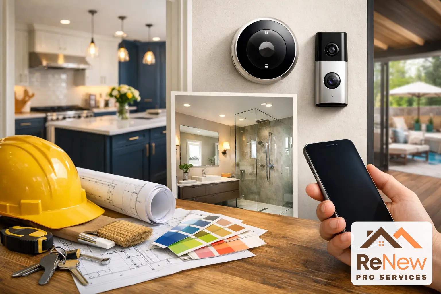 Hard hat, rolled blueprints, paint swatches and keys on a wooden table in front of a navy-and-white kitchen, with a bathroom photo, smart thermostat and video doorbell on the wall